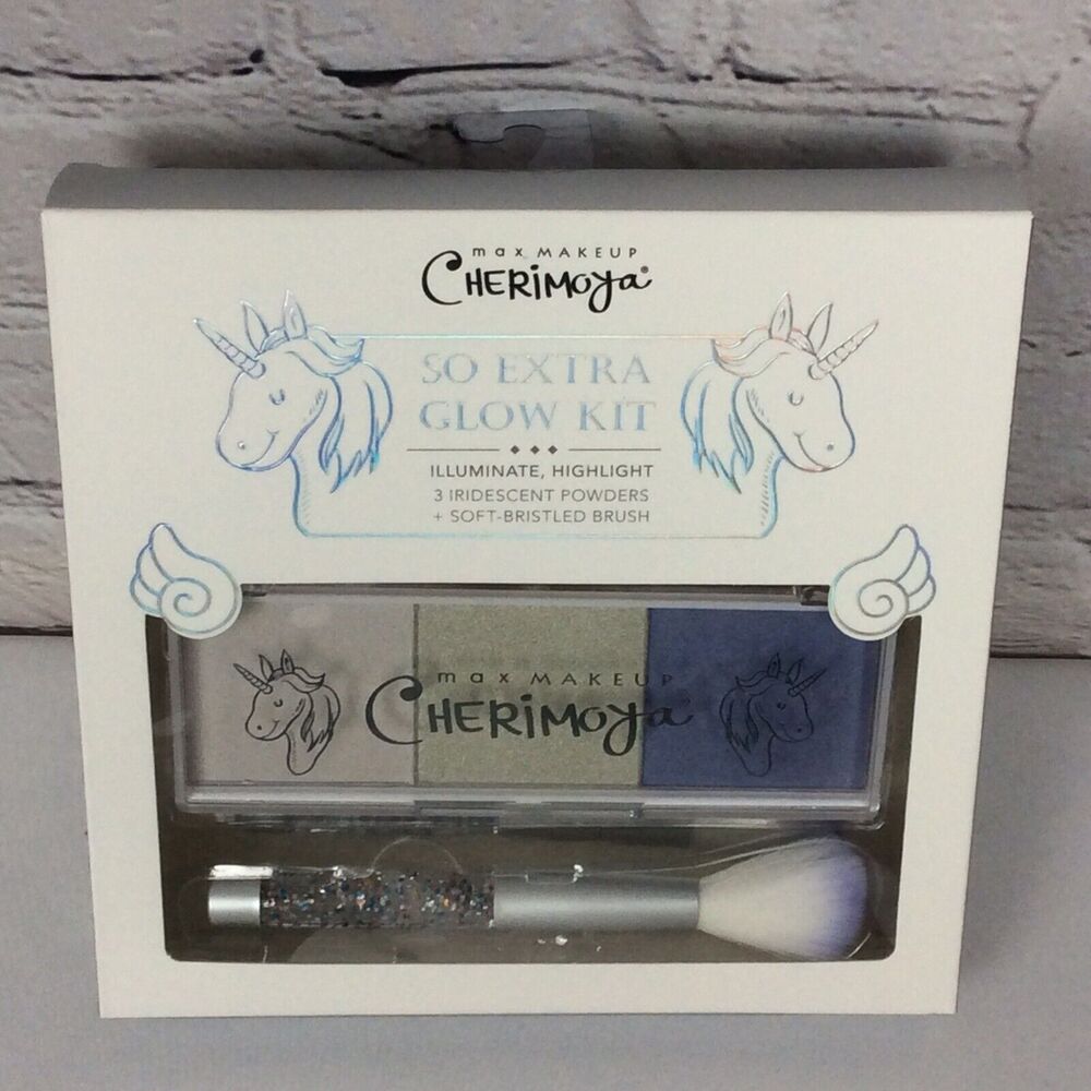MAX MAKEUP CHERIMOYA “SO EXTRA GLOW KIT” 3 Iridescent Powders +1 Soft Brush NIP